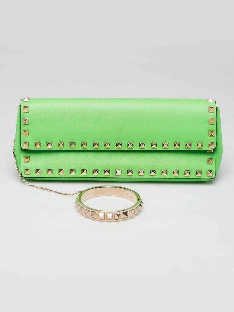 Valentino Neon Green Leather Rockstud Bracelet Clutch Bag